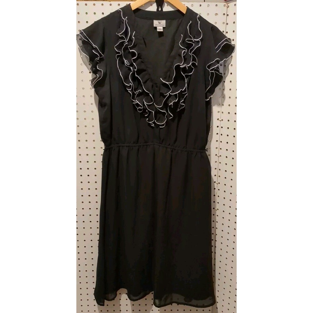 Worthington Black White Dress Size 12 Ruffle Short Sleeve Sheer